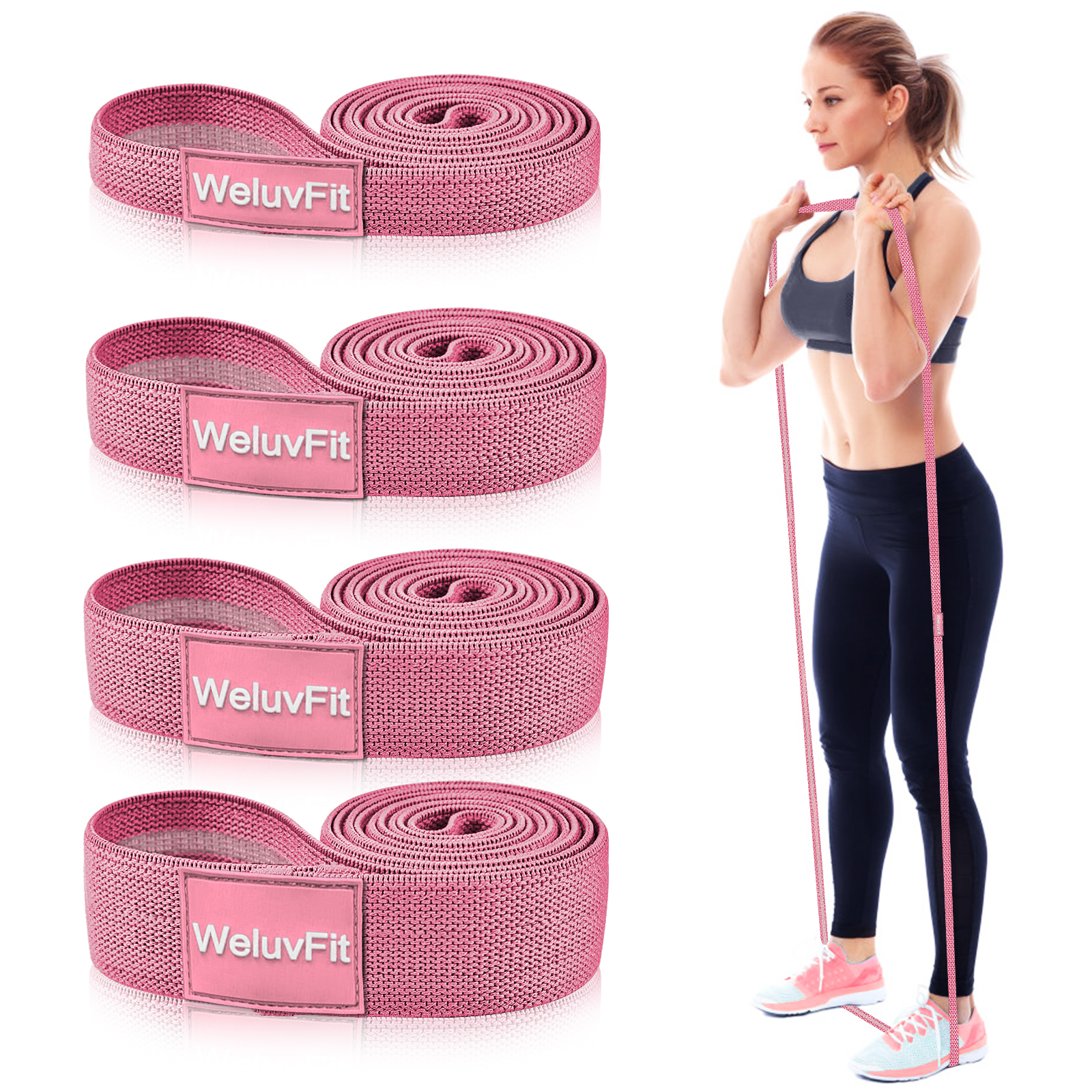 Pull Up Assistance Bands, Weluvfit Fabric Resistance Bands Set, Long Stretch Workout Exercise Bands(Set of 4)-Non Rolling Up, Non Slip for Home & Gyms Fitness, Powerlifting, Pull-Up, Strength Training
