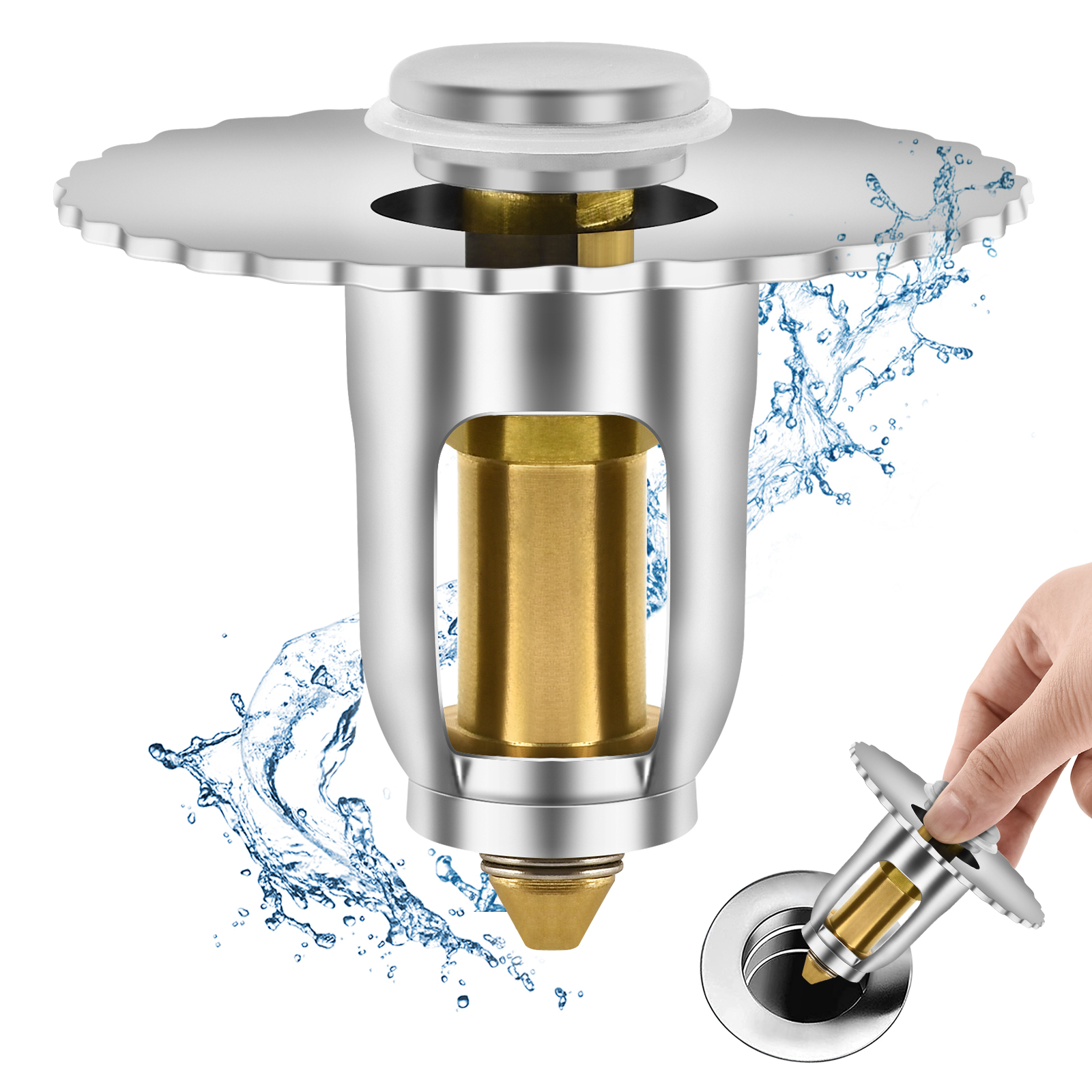 WeluvFit Universal Bathroom Sink Stopper, Pop up Sink Drain Strainer with Push Type Bounce, Upgraded Hair Catcher Water Leak Proof/Anti Clogging for 1.02~1.96