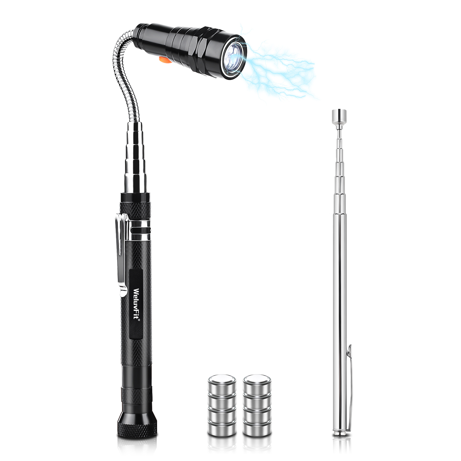 Magnetic Pickup Tool 2pcs Pack,WeluvFit Strong Magnetic LED Flashlight Telescoping Stick with Pickup Rod, Pocket Gadget Gift for Him, Men or Dad for Home Automotive Repairs, Boating, Camping, Fishing