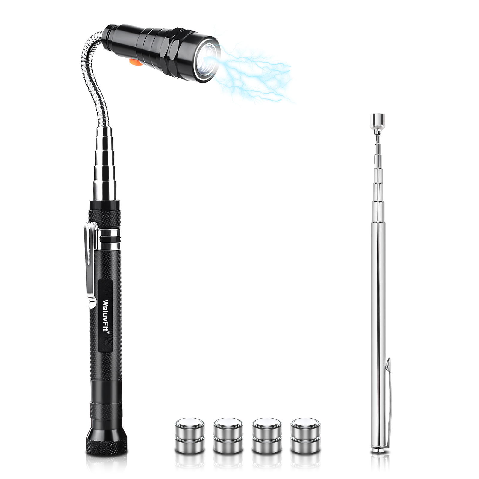 Magnetic Pickup Tool 2pcs Pack,WeluvFit Strong Magnetic LED Flashlight Telescoping Stick with Pickup Rod, Pocket Gadget Gift for Him, Men or Dad for Home Automotive Repairs, Boating, Camping, Fishing