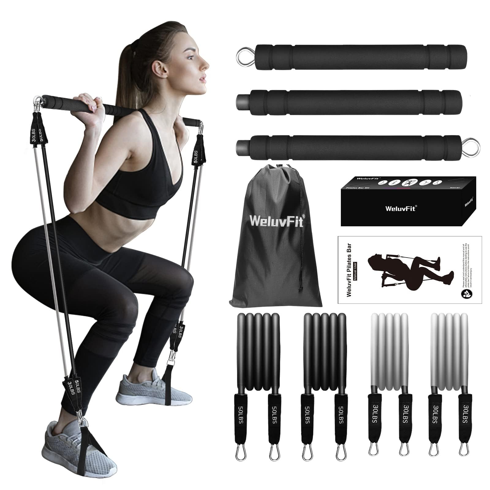 Pilates Bar Kit with Resistance Bands, WeluvFit Exercise Fitness Equipment for Women & Men, Home Gym Workouts Stainless Steel Stick Squat Yoga Pilates Flexbands Kit for Full Body Shaping